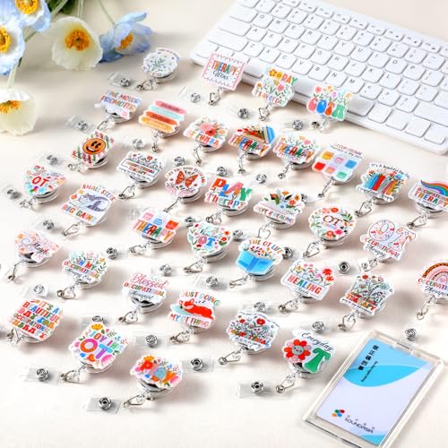 36 Pcs Occupational Therapy Gifts Bulk OT Retractable Badge Reel Acrylic Floral Name ID Clips Occupational Therapist Badge Holder for OT Month Graduate Students Women Hospital Clinic 1