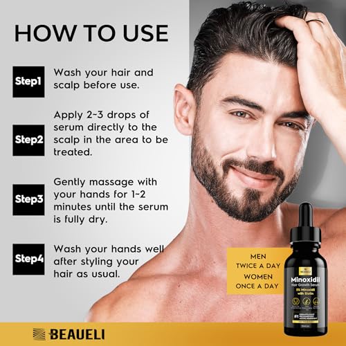 Beaueli 5% Minoxidil for Men and Women, Hair Growth, Beard Growth, Hair Regrowth, Unscented Drop, 3 Fl Oz, 3 Bottles 1 Fl Oz (Pack of 1) 30ml - 3 bottles