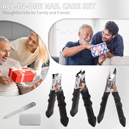Toenail Clippers for Thick Toenails & Ingrown Nails, Wide Jaw Heavy Duty Nail Clippers with Long Handle for Seniors & Men, Complete 4-Piece Set with Slanted Clippers, Curved Ingrown Nail Nipper & File