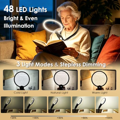 5X Large Rechargeable Hands Free Magnifying Glass with Light for Close Work Black