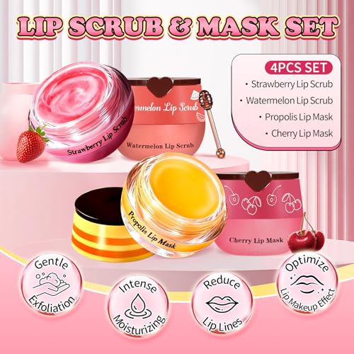 4PCS Lip Scrub and Mask Set,Reduce Fine Lines Lips Care Set