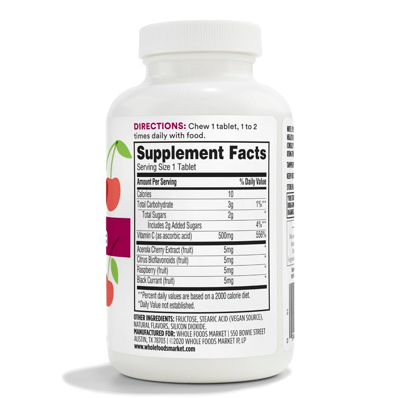 365 by Whole Foods Market, Chewable C + Acerola C 500mg, Natural Cherry Flavor, Vegan, 90 Tablets 90 Count (Pack of 1)