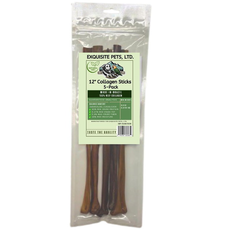 Exquisite Pets 12" Collagen Sticks (5)-Pack of 100% Beef Collagen Dental Sticks Long-Lasting Dog Chews are sourced from Brazilian Grass-Fed Free-Range, Cattle
