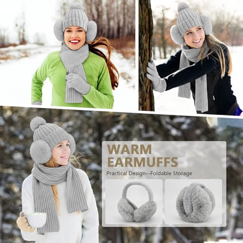 5 Pcs Womens Hat Scarf Gloves Set Winter Beanies Ear Muffs Touch Screen Gloves Knit Fuzzy Fleece Skull Cap Gifts Grey