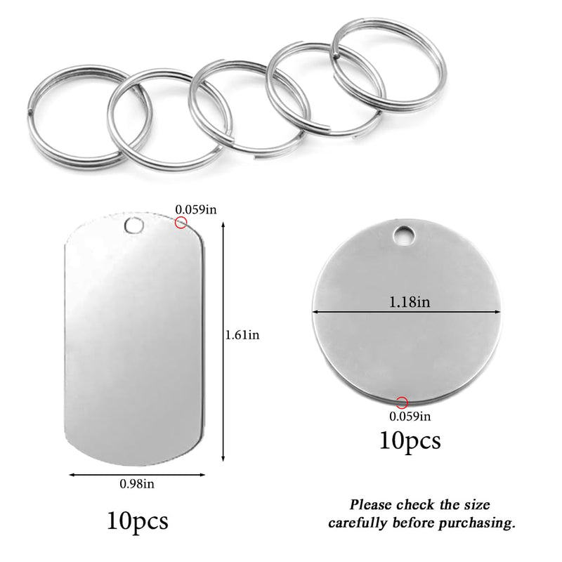 Dtoterul Stainless Steel Pendant Blank Pack of 20 Blanks Dog Tags Punching Blanks Dog Tags Key Ring Can Be Written On Blank Pendant Tags Round Key Ring DIY Making Kit - BeesActive Australia