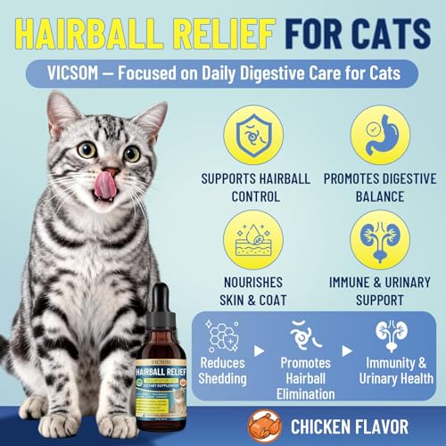 VICSOM Cat Hairball & Digestive Support Bundle, Hairball Remedy + Constipation Relief for Cats, Helps Remove Hairballs, Support Digestion & Stool Regularity, Chicken Flavor, 2 fl oz + 60 ml