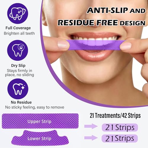 Purple Teeth Whitening Strips for Teeth Whitening, (21 Treatments) Enamel Safe Whitening Strips for Sensitive Teeth, Instant Enzyme Stain Removing Teeth Whitening Kit, Non-Slip Whitening Strips