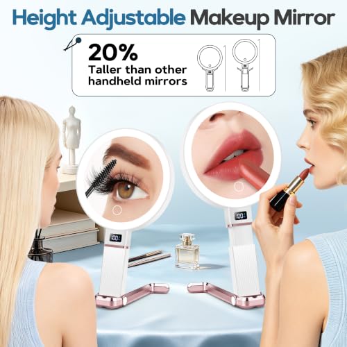 30X Travel Magnifying Mirror with Light, Height Adjustable Vanity Mirror with Phone Holder Stand, Portable Compact Handheld Makeup Mirror with Smart Display for Travel, Daily Makeup Use, Rosegold