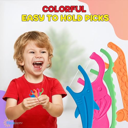 Biodegradable Kids Flossers -200 Pack, Natural Kids Floss Picks, Fluoride Free, Biodegradable Floss Pick, Organic Animal Dental Floss Picks, Dental Floss Sticks - 4 Fun Animal Designs Multicolor 50 Count (Pack of 4)