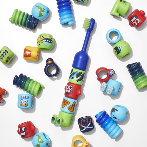 Kids Interactive Toothbrush, Babsy Build-A-Brush Starter Kit, Customizable Adventure Theme, 9 Pieces with Spiral Core, 2 Brush Heads, 6 Interchangeable Bits Including Sports, Ninja, Globe Designs