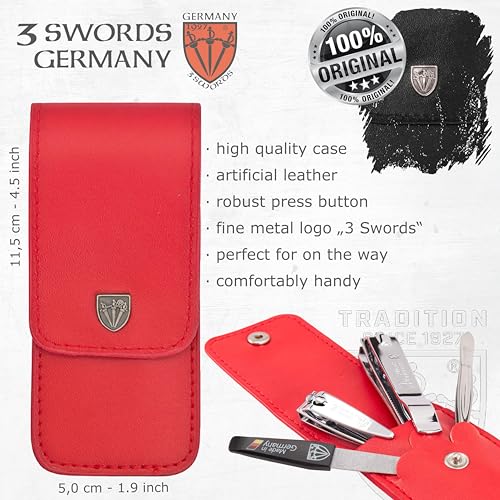 3 Swords Germany - Brand Quality 4 piece Manicure Pedicure Grooming kit Set for Professional Finger & Toe Nail Care Tweezers File Clipper Fashion Leather case in Gift Box, Made by 3 Swords (02570) Red