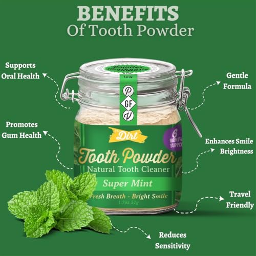 The Dirt - Remineralizing Tooth Powder, Natural Fluoride-Free Teeth Whitening Powder with Hydroxyapatite, Flouride & Gluten Free, Organic Vegan (Super Mint, 51g: 6 Month Supply) Super Mint 1.7 Ounce (Pack of 1)