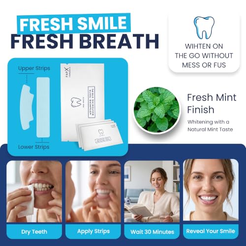 Pro White Teeth Whitening Strips - Peroxide Free Pap-X Formula, Fresh Mint Flavor, 14 Strips / 7 Treatments, Vegan Certified - Enamel Safe Teeth Whitening Strips for Brighter Smile - Pack of 1 1 Count (Pack of 14)