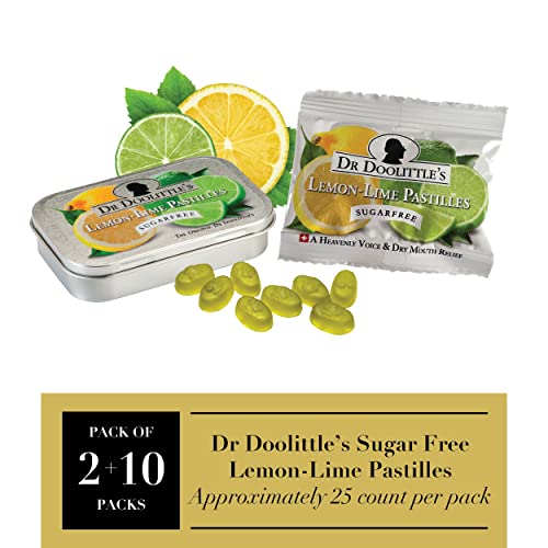 Dr Doolittle's Sugar Free Soft Fruit Pastilles for Voice and Throat, Lemon Lime Flavor, Multipack of 2.12 Ounce Tin, 2 Pack and .33 Ounce Travel Size Bag, 10 Pack