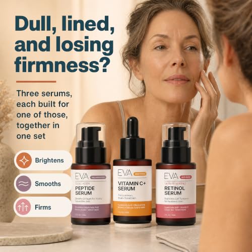 Eva Naturals Trifecta Face Serum Set – Retinol, Vitamin C & Peptides with Hyaluronic Acid & Niacinamide – Anti-Aging Skincare Bundle for Women – Collagen Boosting, Wrinkle & Spot Treatment Trio 1 Fl Oz (Pack of 3)