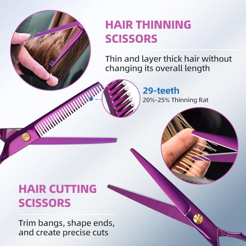 ETHTXE 9Pcs Professional Hair Scissors Set, Stainless Steel Barber Supplies 3-scissors set Purple