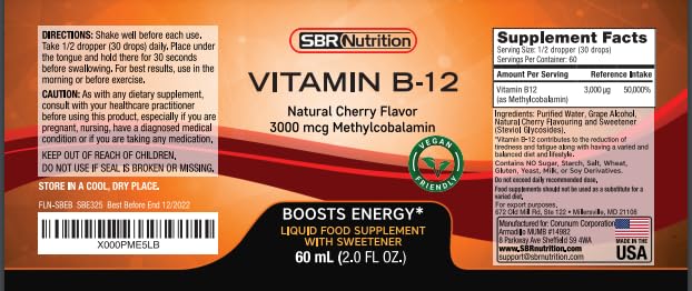 SBR Nutrition Vitamin B12 Sublingual Liquid Drops - Methylcobalamin, VIT B 12 Supports Energy, Max Absorption, 3000mcg Per Serving, 60 Servings, Non-GMO, Vegan Friendly, Manufactured in The USA Natural Cherry - 3000mcg