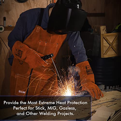 QeeLink Welding Gloves for Men - Fireproof Leather and Stitching Brown (16-inch)
