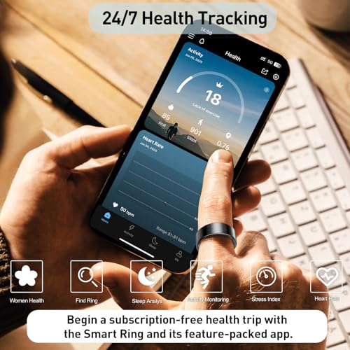 Smart Ring, Health Fitness Tracker with Heart Rate Blood Oxygen Monitor, Sleep & All-Day Sports Tracking, Long Battery Life Waterproof Wearable Ring for Men Women (Black, 7)