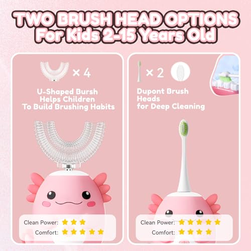 Axolotl Kids Electric U Shaped Sonic Toothbrush,59S Timer-Age2-15 Pink Pink Axolotl