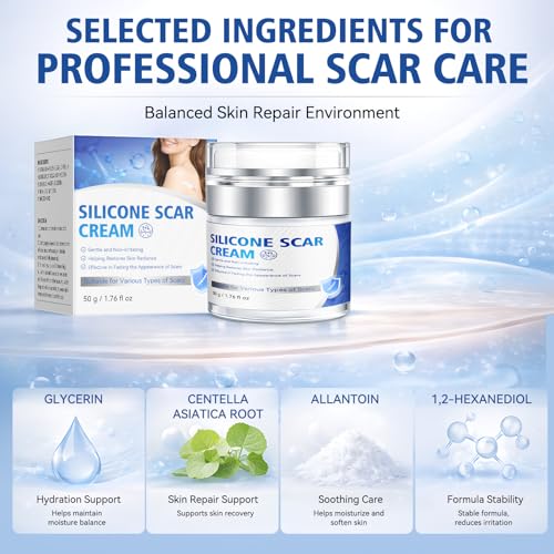 Scar Cream - Advanced Silicone Scar Gel, Professional Scar Removal Cream for Surgical Scars, C-Section, Stretch Marks, Acne, Injury, Burns, Keloids, Old and New Scars (1.76 fl oz)