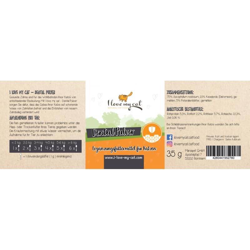 I Love My cat Natural cat dental care without artificial additives, easy to use and dose, effective against plaque and tartar, dental powder - 35g - BeesActive Australia