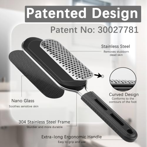 FREATECH Dual-Sided Foot File, Callus Remover with Nano Glass & Metal Surface, Professional Pedicure Tool for Hard Cracked Dead Skin, Foot Rasp for Heel Care, Exfoliation & Smoothing, Home Spa Shower