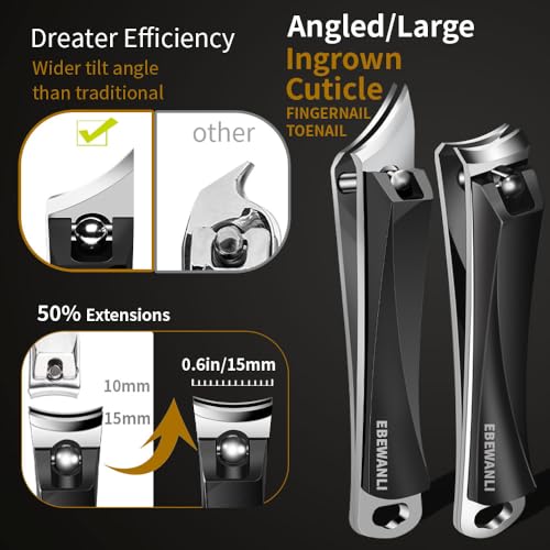 EBEWANLI Nail Clippers Set, Ultra Sharp Nail Clippers for Men, Slanted Angled Ingrown Toenail Clipper and Curved Fingernail Clipper Cutters, Stainless Steel Finger Nail Clippers Adult Black-set