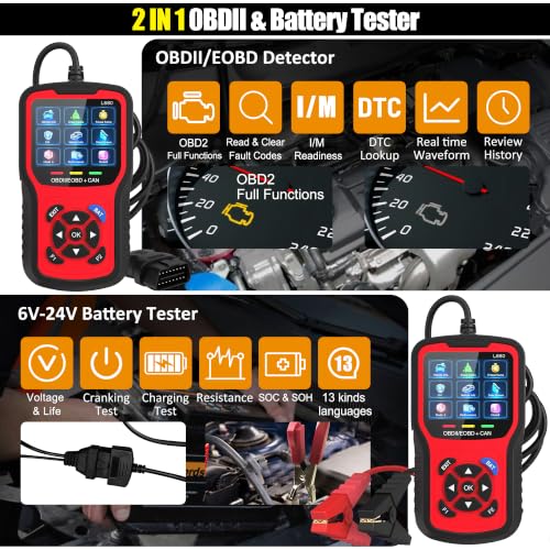 2-in-1 OBD2 Scanner with Battery Tester: 1S Read & Clear Check Engine Codes + Test Battery in 3 Mins - DIY Car Diagnostic Tool with Cold Cranking Amps for Pre-Trip Safety on 1996+ Vehicles