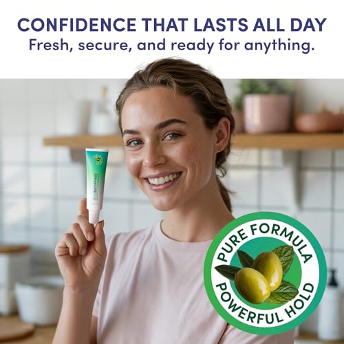 Denttach Fresh Denture Adhesive with Invigorating Mint Flavor, Petroleum Free Olive Oil Based Denture Cream for Full and Partial Dentures, All Day Hold Denture Glue, Zinc Free, 2.4 Ounce 4