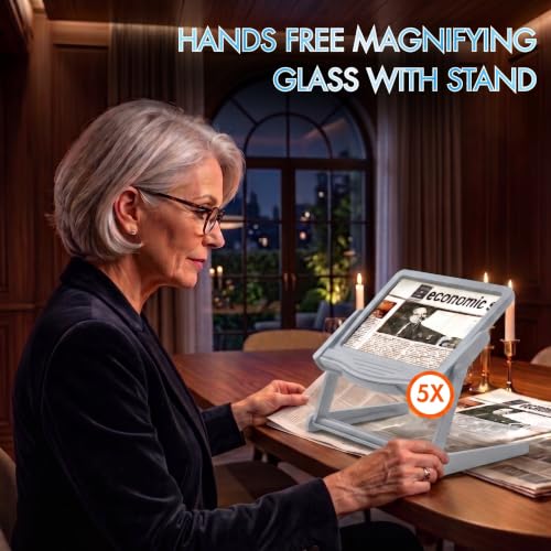 MAGNIPROS 5X LED Page Magnifying Glass, Detachable Stand, 3 Color Modes Gray