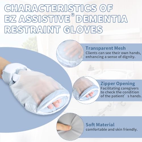 Dementia Restraint Gloves-2Pcs,Anti Scratch Gloves to Prevent Scratching Harm,Bed Restraints Control Mitts for Dementia Patients/Elderly/Alzheimer's (GrayBlue-Transparent Mesh) GrayBlue-Transparent Mesh
