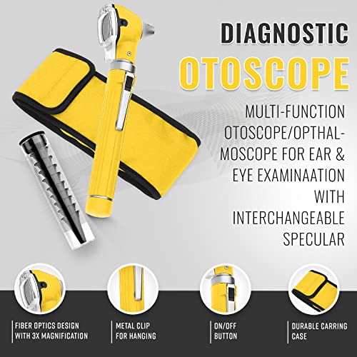 SURGICAL ONLINE Fiber Optic Mini Otoscope Rainbow Many Colors - Pocket Otoscope with Case ENT Diagnostic Set w/Extra Bulb Included (Yellow)