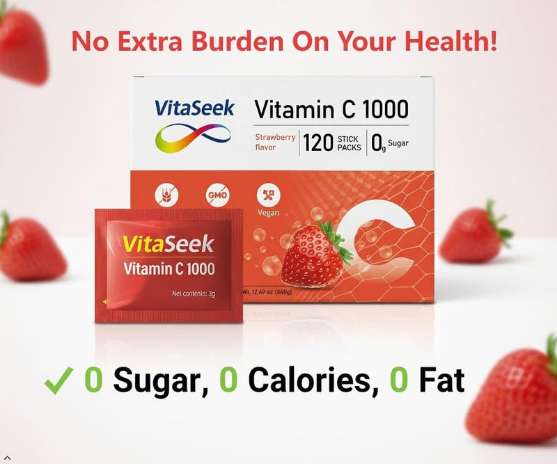 Vitamin C 1000mg Powder Packets Sugar Free Drink Mix Individual Serving Sticks Strawberry Flavors On The Go Immune Support for Adults 120 Count 120 sticks