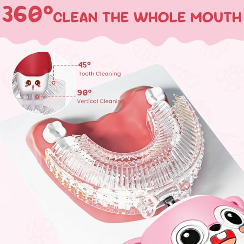 Kids U-Shaped Automatic Electric Toothbrush, Children’s 360° Mouthpiece Design for Full-Mouth Cleaning, 3 Cleaning Modes, Cute Animal Squirrel Style Pink