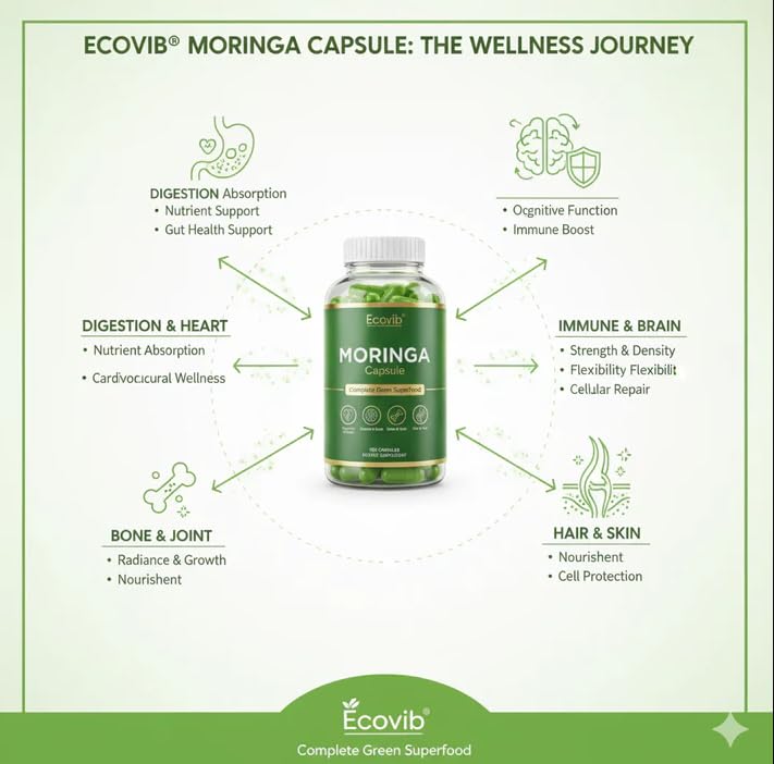 Moringa Capsules, 180 Vegan Capsules, 600 mg | ECOVIB Moringa Capsules Organic Superfood, Energy Support, Immunity Support, Detox Support