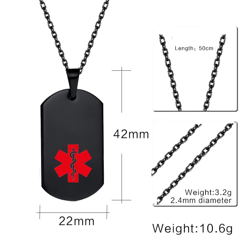 GMXLin Red Medical Alert Necklace for Men Women Stainless Steel Engraved Black Medical ID Tag Emergency Med Pendant with Chain PACEMAKER