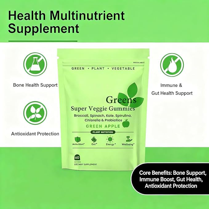 WonderGreens Super Greens Gummies with Probiotics & Multivitamins,Green Apple Veggie Gummies for Energy Gut & Immune Support Gummy 60 Count
