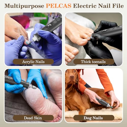 PELCAS Electric Nail Grinder, 10 Speeds Cordless Nail Drill with LED Light Grey