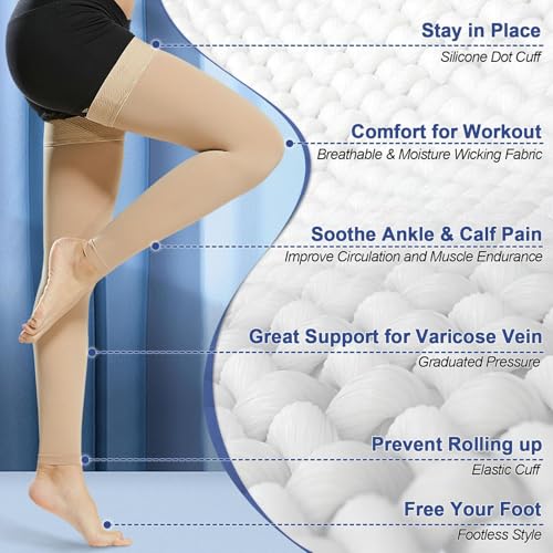 beister Thigh High Compression Socks 20-30 mmHg, Footless, Women & Men XX-Large Beige