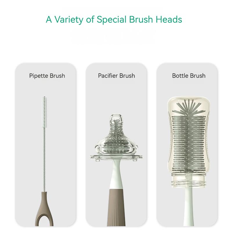 Silicone Bottle Brush Cleaning Set, Gray, Nipple Cleaner, Straw Brush, includes Drying Rack Stand.