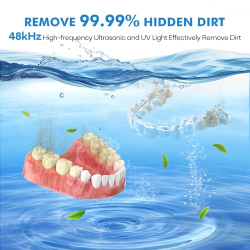 Upgraded Ultrasonic Retainer Cleaner Machine, 48kHz Ultrasonic Dentures Cleaner for Mouth Guards, Braces, Aligner, Toothbrush & Jewelry, 200ML Capacity, Black Light Black