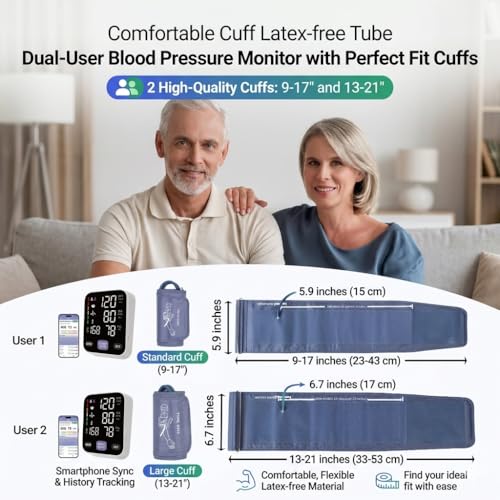 Upper Arm Blood Pressure Monitor for Home Use 17" Large & 21" XL Extra Large Cuff Big arm, Free APP Bluetooth Sync Apple Health Track Google Fit, Large Display Smart BP Machine for Seniors