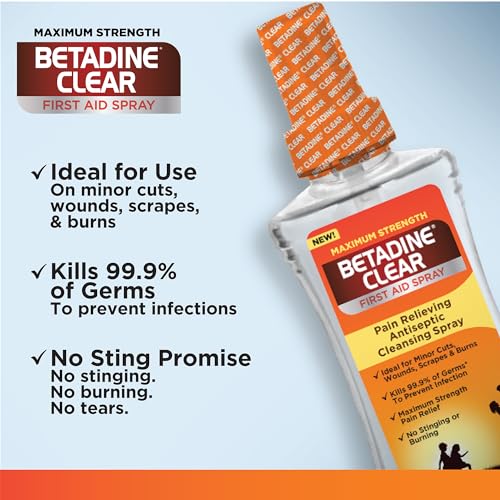 Betadine Clear First Aid Spray, Max Strength Pain Relieving Antiseptic Cleansing Spray, No Stinging, Kills 99.9% of Germs*, Helps Prevent Infections, 6 oz 6 Ounce Clear Spray
