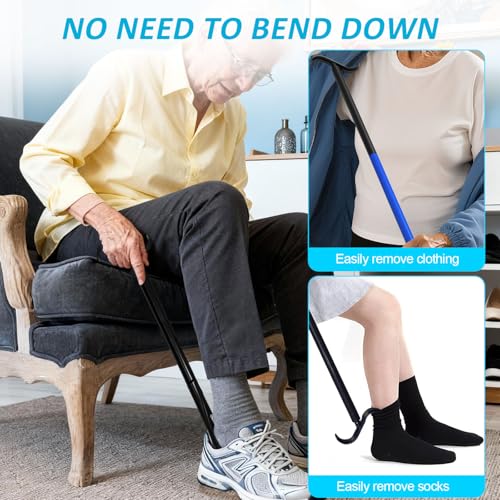 MXCOIRTP Assistive Device No Bending Kit for Elderly -Sock Aids, Foldable Reacher Grabber with 360° Rotating Jaw & Magnet, Long Shoe Horn Handle & Dressing Stick & Back Scratcher for Seniors, Disabled Black & Blue