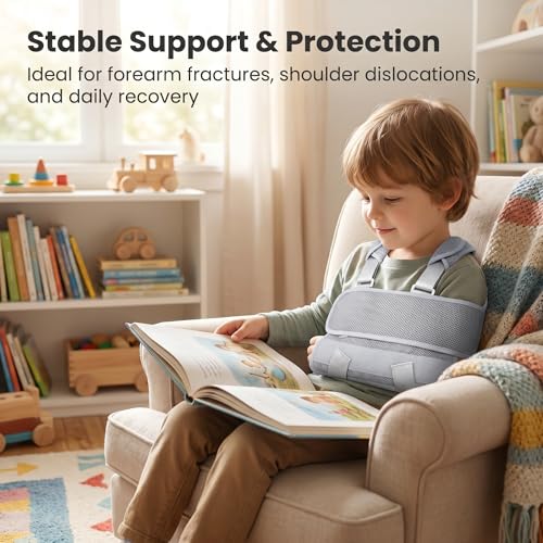Kids Arm Sling, Adjustable X-Cross Shoulder Immobilizer with Breathable Mesh Padding for Broken Fractured Arm Wrist Elbow Injury, Left Right Universal, Gray, S