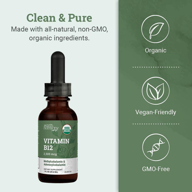 USDA Organic Vitamin B12 2000mcg Sublingual Liquid Supplement (2-Pack) - Vegan Methylcobalamin Drops for Natural Energy, Maintain Metabolism, and Immune System Support - 1 Fl Oz 1 Fl Oz (Pack of 2)