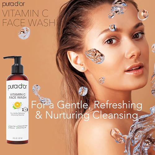 PURA D'OR Vitamin C Face Wash (8oz x2 = 16oz) Antioxidant Rich Facial Cleanser For Radiant Glow & Even Skin Tone - Gentle, Refreshing, Nurturing, Hydrating, Sulfate & Paraben Free Formula Citrus 8 Fl Oz (Pack of 2)