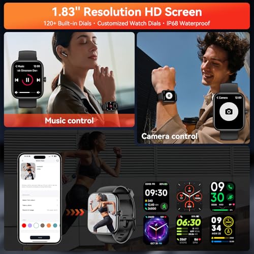 Smart Watch with Alexa Built-in, 1.83" HD Touchscreen Fitness Tracker, Bluetooth Notifications, IP68 Waterproof, 120+ Sport Modes, 24/7 Heart Rate & Sleep Monitor for iPhone Android iOS (Black) Black