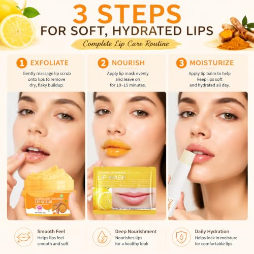 INSEEK Turmeric and Lemon Lip Scrub and Turmeric Lip Balm for Dark Lips, Lip Scrubber Exfoliator with Aloe Vera Deep Moisturizing, Nourish Dry Cracked Chapped Lips
